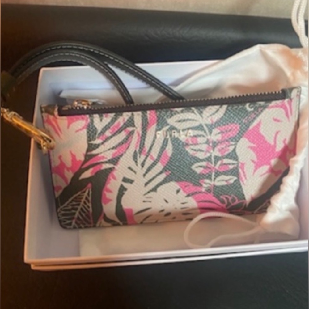 Furla card wallet wristlet in palm foliage